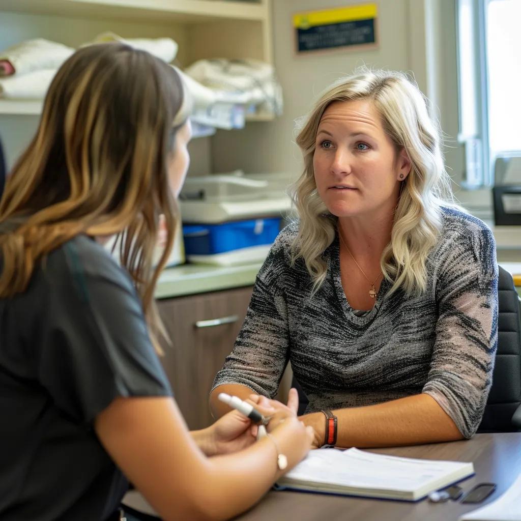 Speech-language pathologist conducting an evaluation with an adult patient, showcasing the collaborative nature of the assessment process
