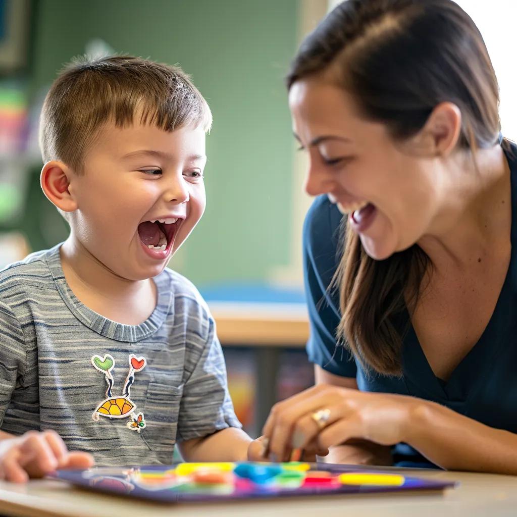 A speech-language pathologist works with a child on speech sounds using engaging, interactive materials.