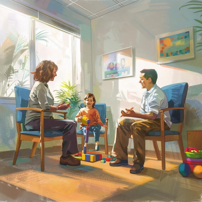 Pediatric speech therapy session with a therapist and child using toys in a bright room