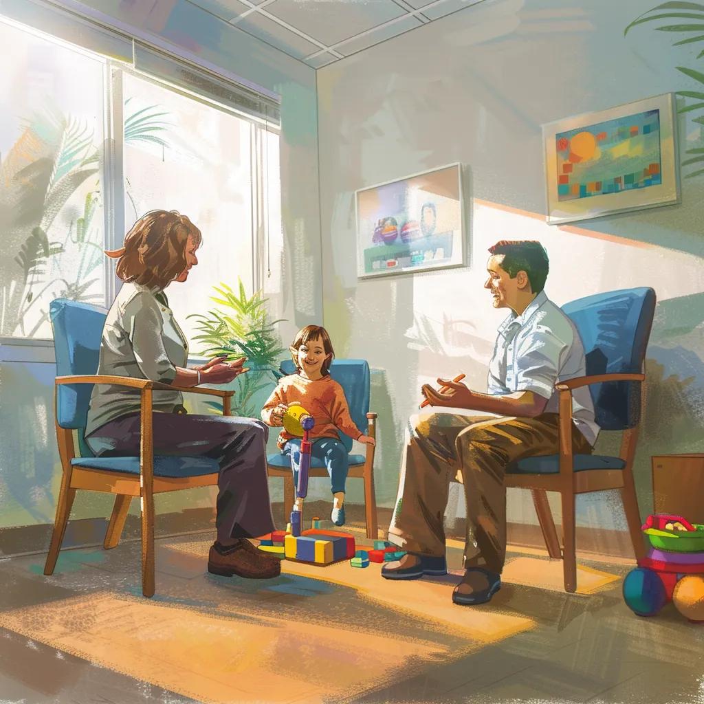 Pediatric speech therapy session with a therapist and child using toys in a bright room