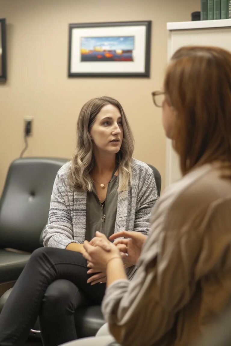 Speech-language pathologist guiding an adult patient through a communication recovery session, highlighting the path to restored speech