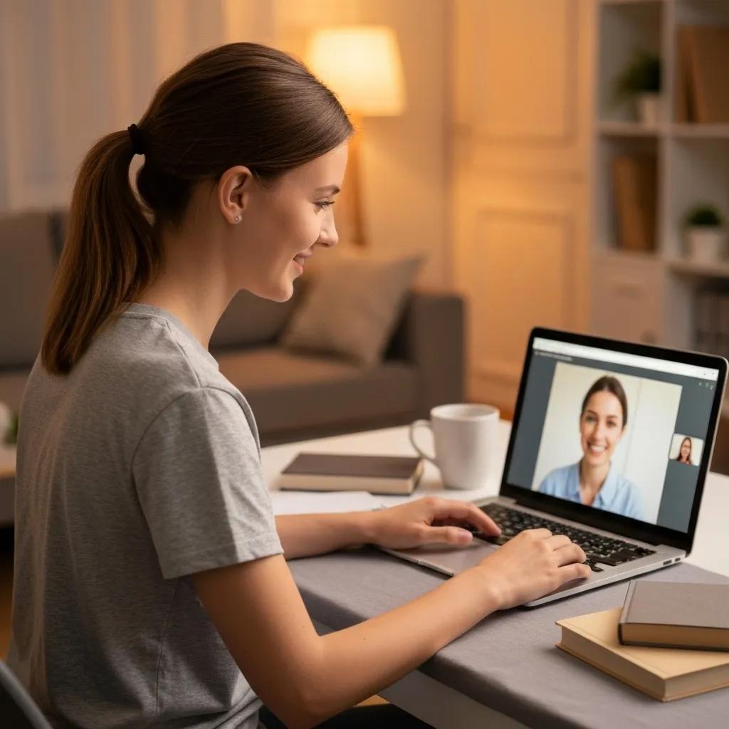 An adult actively participating in a teletherapy session with a speech-language pathologist, highlighting the convenience and effectiveness of online rehabilitation